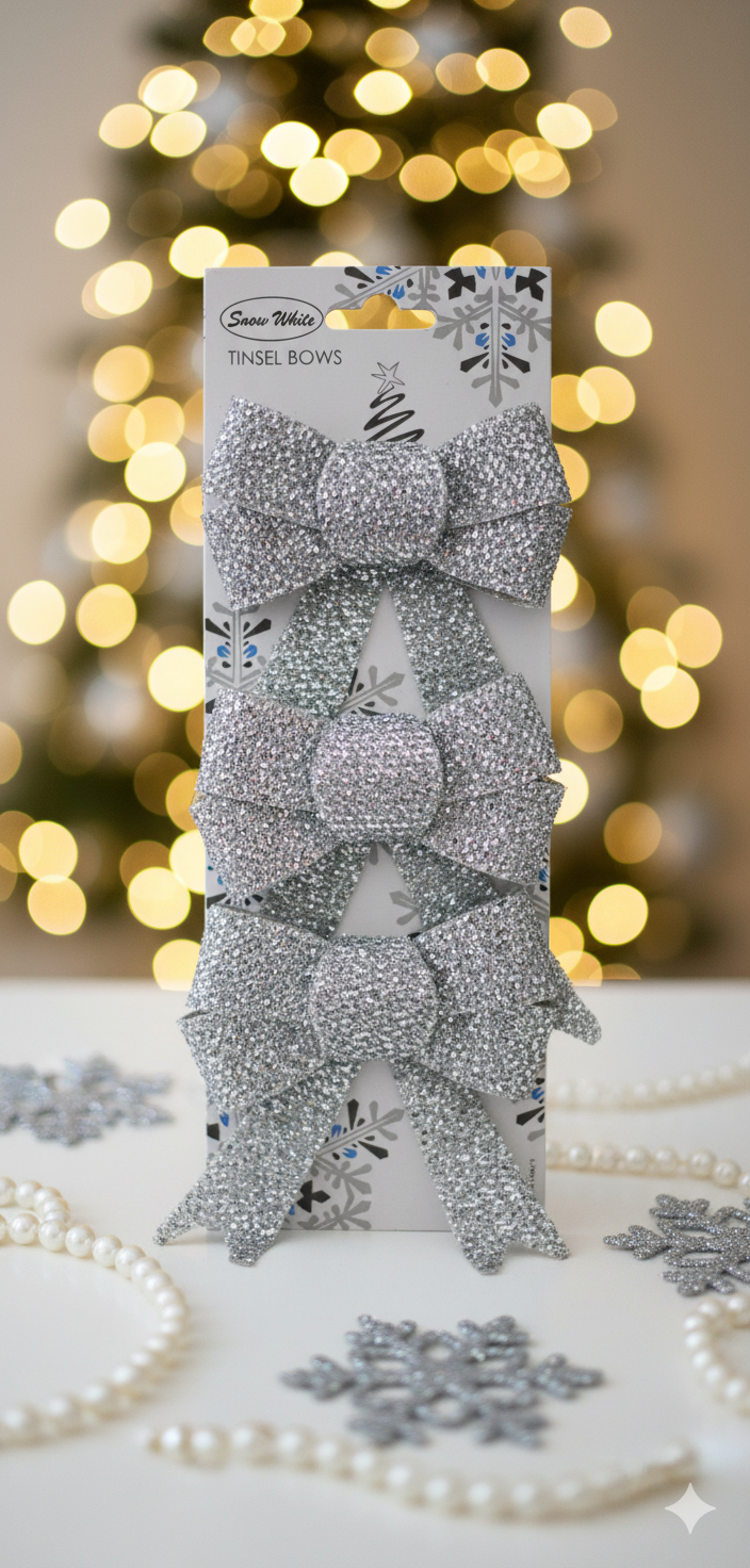 Silver Glitter Tinsel Bows – Set of 3