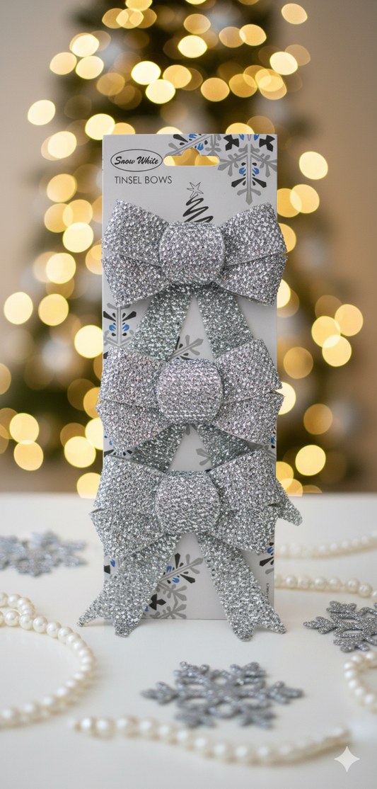 Silver Glitter Tinsel Bows – Set of 3