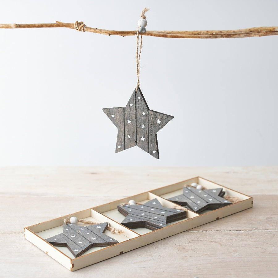 Box of 6 Grey Wooden Star Decorations - Party Seasons