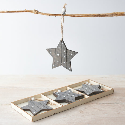 Box of 6 Grey Wooden Star Decorations - Party Seasons
